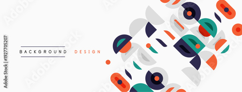 Abstract geometric shapes overlap, creating dynamic background. Colors include orange, teal, gray, beige. Modern design element.