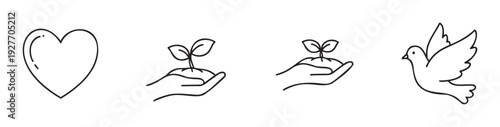 Simple outline icons representing love, nature care, and peace, ideal for eco friendly campaigns, charitable organization materials, or inspirational digital content.