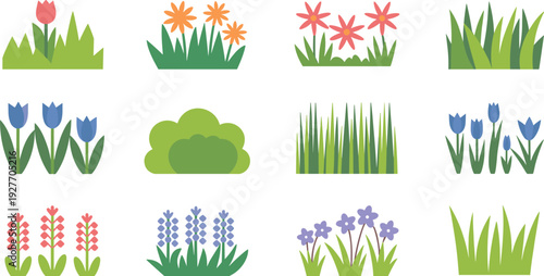Flat vector illustration set of spring garden elements including colorful flowers, tulips, green grass patches, and bushes for nature landscape design.