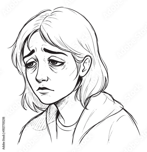 A somber young woman with short hair and visible undereye bags conveys deep sadness and exhaustion, suitable for mental health awareness campaigns or psychological concept imagery