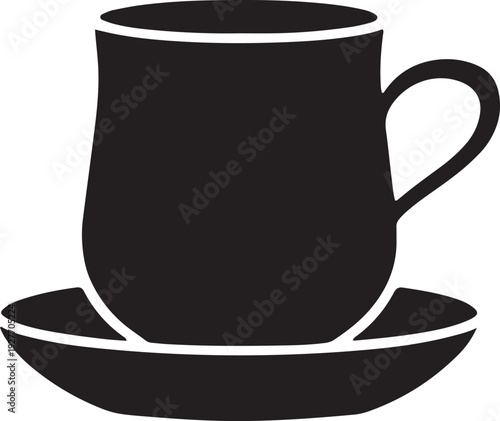 Black silhouette of traditional tea cup and saucer on transparent background for kitchen icon