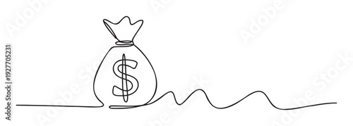 A single line drawing portraying a money bag featuring a bold dollar symbol, representing financial prosperity and economic stability, suitable for business and investment concepts