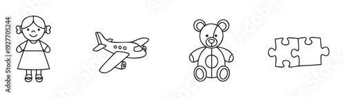 Simple black line drawings of a girl, an airplane, a teddy bear, and jigsaw puzzle pieces perfect for childrens educational materials or graphic resources