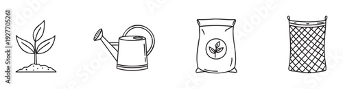 Essential gardening tools and plant care supplies including a vibrant sprout watering can soil bag and mesh net bag perfect for spring planting projects and agricultural themes