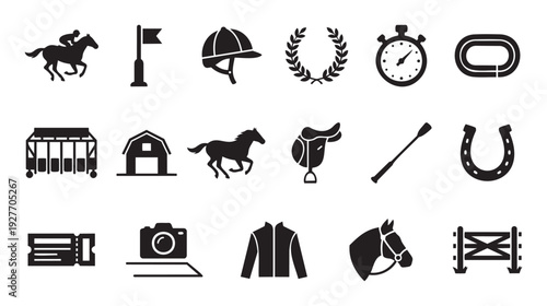 Professional horse racing and equestrian sports competition equipment and symbols set for championship event promotion or related sports applications