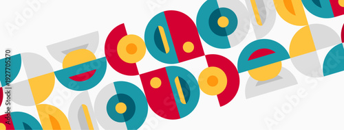 Abstract geometric pattern. Circles, arcs, shapes repeat diagonally across pale background. Modern design, vibrant colors present.