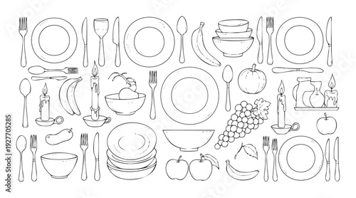 Diverse assortment of dining tableware, kitchen utensils, and healthy food items depicted in a simple outline style, ideal for cooking tutorials, restaurant branding, or lifestyle content.
