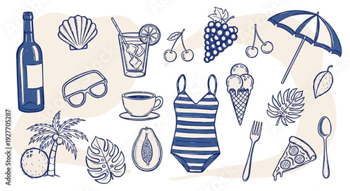 Summer Vacation Fun - Hand Drawn Icons of Food, Drinks, Beach Gear, and Tropical Elements