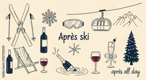 Après Ski Hand Drawn Icons: Skiing, Drinks, and Winter Mountain Fun