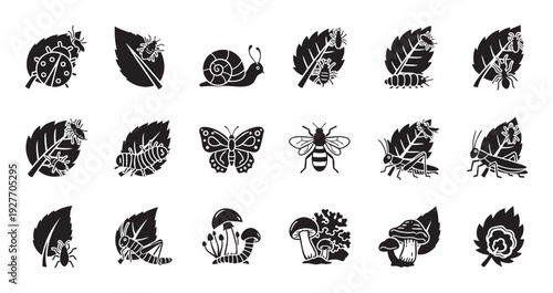 A curated collection of minimalist black glyphs showcasing diverse insects, common garden pests, beneficial bugs, and natural fungi, perfect for educational content and ecological studies.