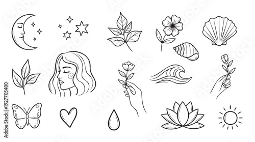 Outline illustrations of mystical elements and organic shapes featuring celestial bodies, blooming botanicals, flowing waves, and a serene feminine face perfect for wellness themed branding