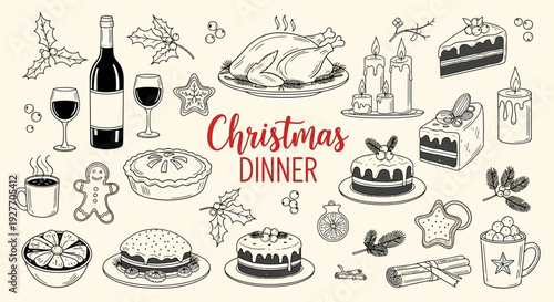 Hand Drawn Christmas Dinner and Festive Treats Collection with Wine, Turkey, Cakes, and Pies