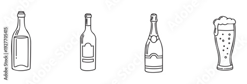 Outline icons depicting popular alcoholic beverages like different wine bottles, a celebratory champagne bottle, and a refreshing foamy beer glass, ideal for drink menus or event graphics.