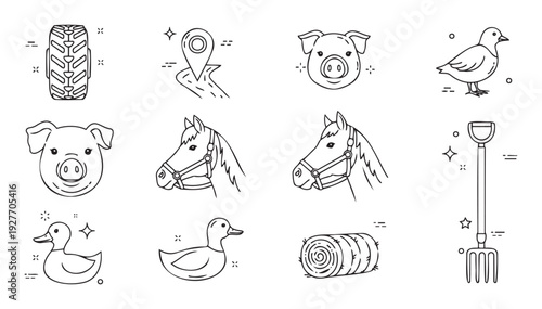 Farm and agriculture themed outline symbols featuring various animals like pigs, horses, ducks, and birds along with farming tools and equipment for rural projects.