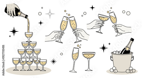 Champagne Celebration: Pouring, Clinking Glasses, and Chilled Bottle in Ice Bucket