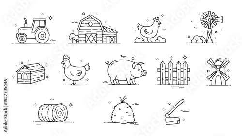 Collection of essential farming and agricultural icons including a tractor, barn, livestock, and various tools, perfect for modern digital applications and country lifestyle presentations