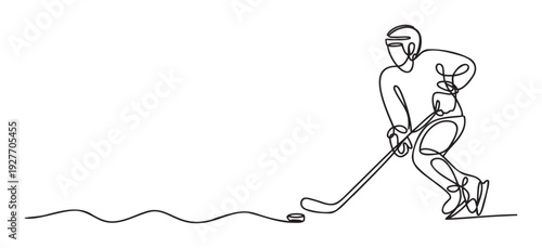 Dynamic continuous line drawing of an ice hockey player dribbling a puck for sport event posters, athletic club branding, and hockey league promotions