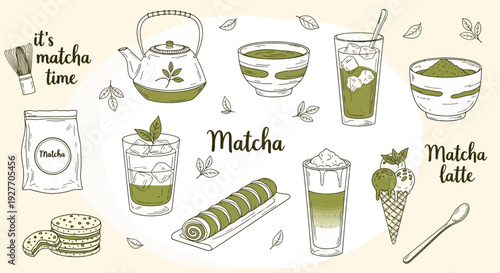 Matcha Green Tea Variety: Drinks, Desserts, and Ingredients Hand-Drawn Illustration