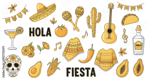 Fiesta Celebration with Mexican Icons: Hola and Fiesta Text, Sombrero, Maracas, Guitar