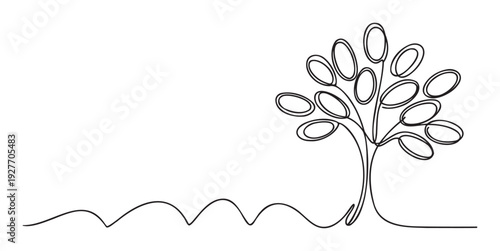 Minimalist continuous line drawing of a stylized tree with oval foliage, symbolizing growth, nature, and organic connection, ideal for modern ecofriendly branding, web graphics, and