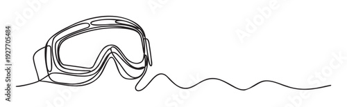 Sleek continuous line depiction of winter sports goggles with a flowing curved line, suitable for active lifestyle publications, ski resort advertising, and athletic gear product displays.