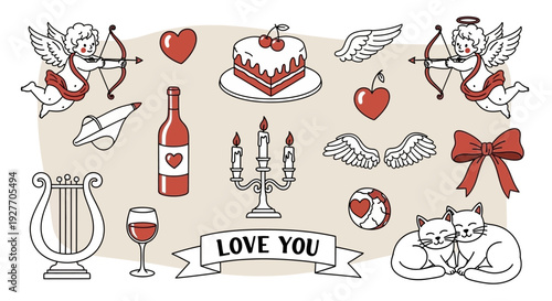 Valentine's Day Set: Cupid, Cake, Wine, Cats, Hearts, Lyre and Love Banner