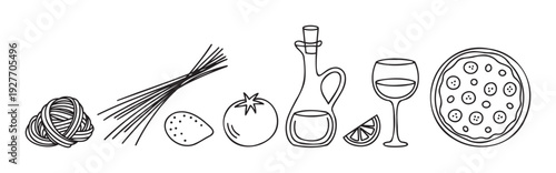Selection of Mediterranean inspired food elements including tagliatelle, spaghetti, tomato, olive oil, wine, and pizza, great for restaurant menus and culinary advertising campaigns