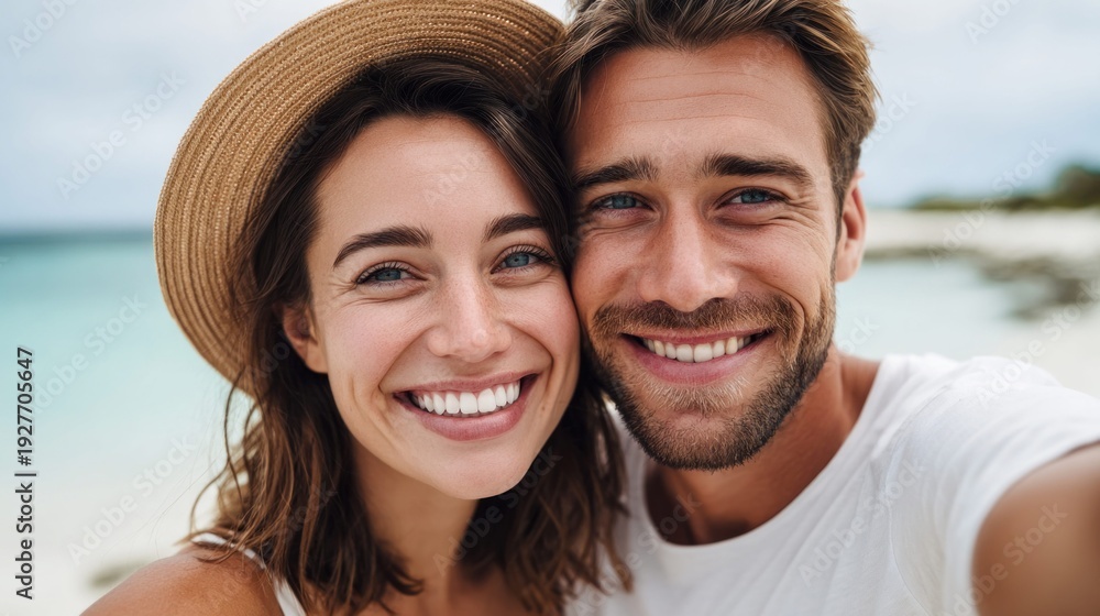 Obraz premium Happy couple taking a selfie on a sunny beach vacation