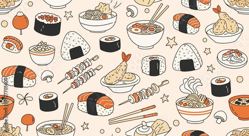 Japanese Food Illustration: Sushi, Ramen, Tempura, and Onigiri Pattern Background