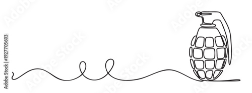 Minimalist continuous line drawing of a hand grenade symbolizing conflict and danger, suitable for communication materials, news features, or educational visuals.
