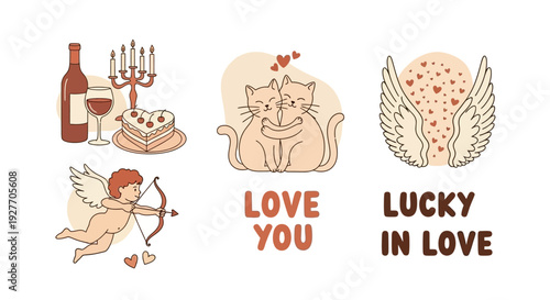 Valentine's Day Romantic Symbols Collection: Cupid, Couple Cats, Cake, Wine, and Wings