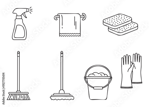 Collection of essential household supplies and tools for home upkeep, sanitizing, and maintenance tasks presented as simple line vector icons perfect for web graphics or print materials