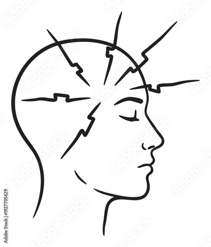 A striking monochrome graphic illustrating a human head in profile experiencing intense discomfort, perfect for health, wellness, and medical content related to pain, stress, or