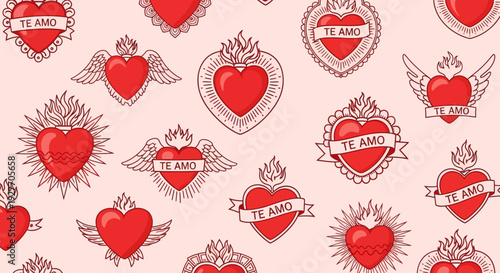 Seamless Pattern of Flaming Sacred Hearts with 'Te Amo' Message