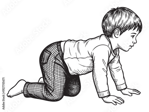Energetic young boy toddler crawling on hands and knees, portraying early childhood development and exploration, ideal for educational content, parenting blogs, and childrens activity
