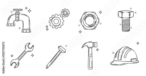 Selection of practical household and industrial repair implements featuring a pipe, gears, nut, bolt, wrench, nail, hammer, and safety helmet, ideal for technical guides and DIY