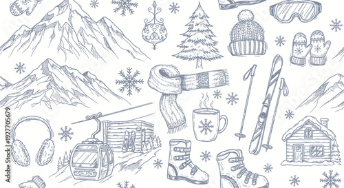 Winter Skiing and Snowboarding Equipment Pattern with Mountains and Cabin