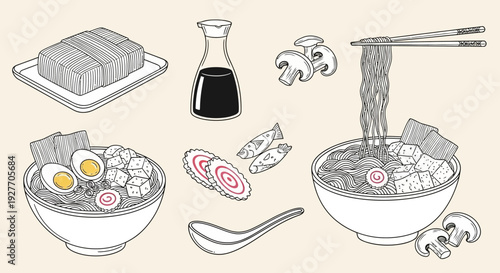 Japanese Ramen Noodles Dish with Ingredients and Condiments, Hand-Drawn Style