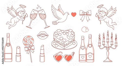 Valentine's Day Collection: Cupid, Champagne, Cake, and Romantic Symbols