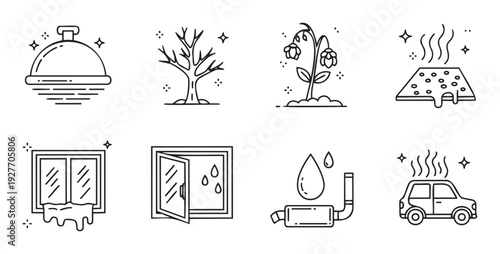 A versatile collection of outline style icons showcasing objects and conditions such as a food cloche, a bare winter tree, delicate spring flowers, a steaming hot surface, wet home windows,