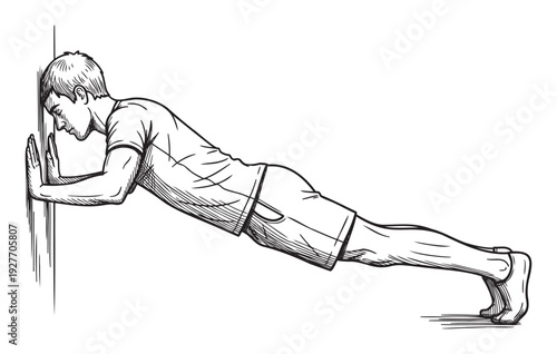Young man performing wall pushup exercise for upper body strength and core stability, perfect for fitness tutorials or health and wellness guides.