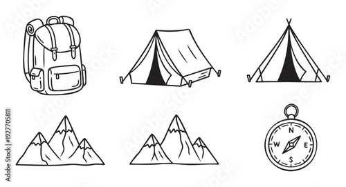 Collection of essential outdoor adventure and camping equipment including backpack tents mountains and compass for various expedition themed projects