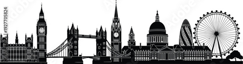 London skyline silhouette vector collection, famous landmarks including Big Ben Tower Bridge and London Eye, flavector historic United Kingdom city border.