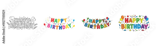 Colorful and creative happy birthday text with balloons and banners