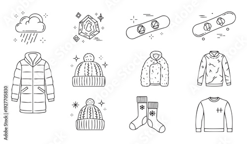 Winter season outline icon collection featuring warm jackets, knit hats, snowboards, socks, and frosty elements, ideal for diverse seasonal graphics and cold weather promotional content