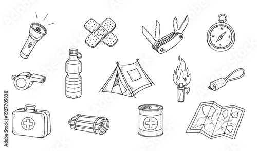 Collection of hand drawn survival and camping gear including flashlight, compass, first aid kit, water bottle, and tent for outdoor adventure and emergency preparation concepts