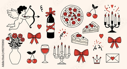 Valentine's Day Romance Symbols: Cupid, Wine, Pizza, Cherries, and Candles