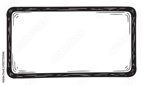 Rough hand drawn black rectangle frame with rounded corners providing a doodle style border for various graphic design projects, presentations, and social media templates.
