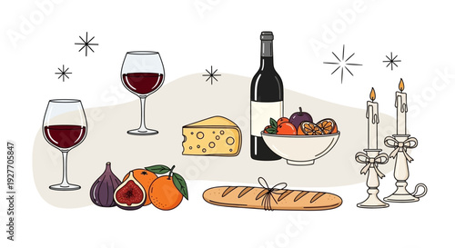 Still Life of Wine, Cheese, Bread, Fruit, and Candles for a Festive Gathering