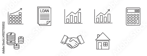 Collection of linear financial icons for business analysis, loan documentation, money management, real estate investment, and corporate agreement visuals.